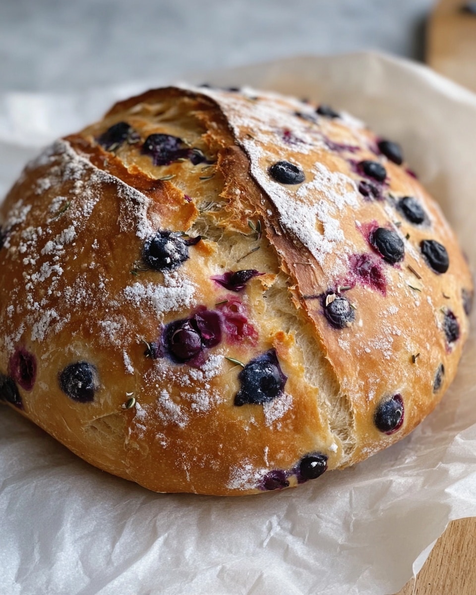 Rustic whole round loaf of artisanal blueberry bread with golden crust and dusted with light flour, studded evenly with plump, juicy blueberries throughout, resting directly on white parchment paper on a white marble countertop, craftsmanship and texture highlighted in natural light, professional food magazine style photo taken from a 3/4 angle showcasing the entire loaf, photo taken with an iphone --ar 4:5 --v 7