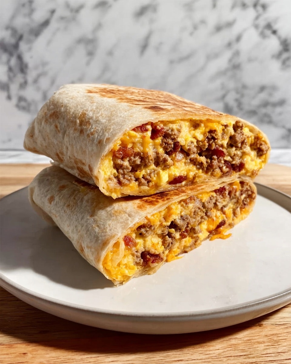 A large white plate displaying a whole, uncut breakfast burrito wrapped tightly in a golden, toasted flour tortilla, with visible hints of scrambled eggs, ground sausage, melted cheddar cheese, and diced bacon oozing slightly around the edges, artfully placed on a white marble countertop. The scene is lit naturally to highlight the textures and colors of the ingredients, with the burrito positioned for a 3/4 angle hero shot, capturing the entire uncut dish in frame, styled for a professional food magazine photo taken with an iphone --ar 4:5 --v 7