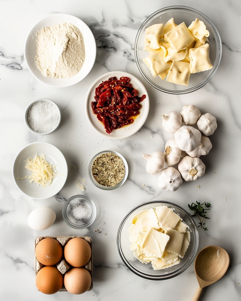 Single white plate with a plated serving of five ravioli pieces drenched in creamy tomato basil sauce, close-up angle highlighting the soft pasta pillows filled with ricotta cheese visible through one slightly broken ravioli, garnished with sun-dried tomato strips and cracked black pepper, sauce glistening under natural light on a white marble surface, intimate food blog style photo taken with an iphone --ar 4:5 --v 7