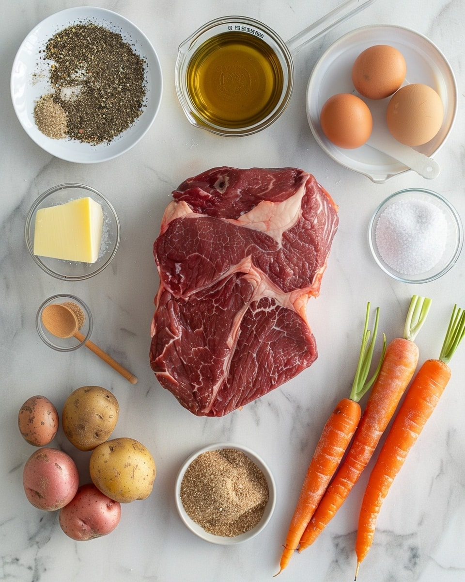 Single white plate displaying a generous plated portion of slow-roasted beef brisket showing a sliced cross-section with tender, juicy interior fibers and a rich browned crust, accompanied by golden roasted potato wedges, caramelized onions, and vibrant chunks of orange carrots, garnished with fresh rosemary sprigs and sprinkled parsley, all set on a white marble surface with natural lighting emphasizing the textures and colors, intimate food blog style photo taken with an iphone --ar 4:5 --v 7