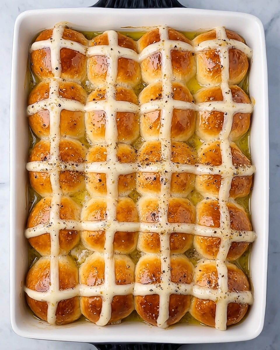 Large white rectangular baking dish filled with freshly baked soft golden-brown hot cross buns arranged closely together, each bun brushed with a shiny glaze and topped with a precise lattice of thick white icing lines forming crosses on each piece, sprinkled lightly with roasted garlic and herbs, the buns nestled in a pool of melted butter and seasoning, photographed from above on a white marble countertop with natural lighting, styled as a professional food magazine hero shot, photo taken with an iphone --ar 4:5 --v 7