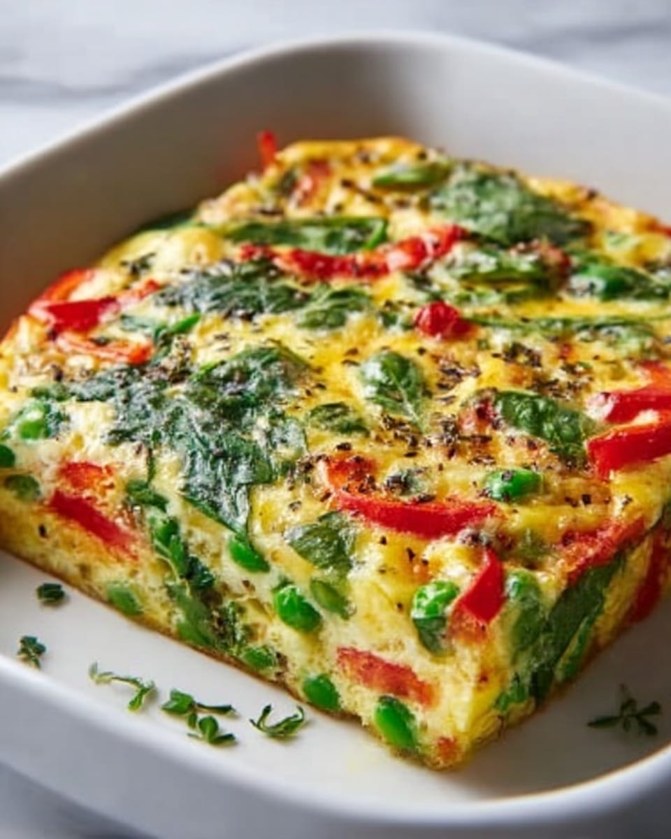 Large white rectangular baking dish filled with a vibrant vegetable frittata, showcasing a colorful mix of red bell peppers, green peas, spinach leaves, and melted cheese perfectly set in a golden, fluffy egg base, seasoned with freshly ground black pepper and herbs, presented from a 3/4 angle on a white marble background with natural lighting, styled like a hero shot from a food magazine, photo taken with an iphone --ar 4:5 --v 7