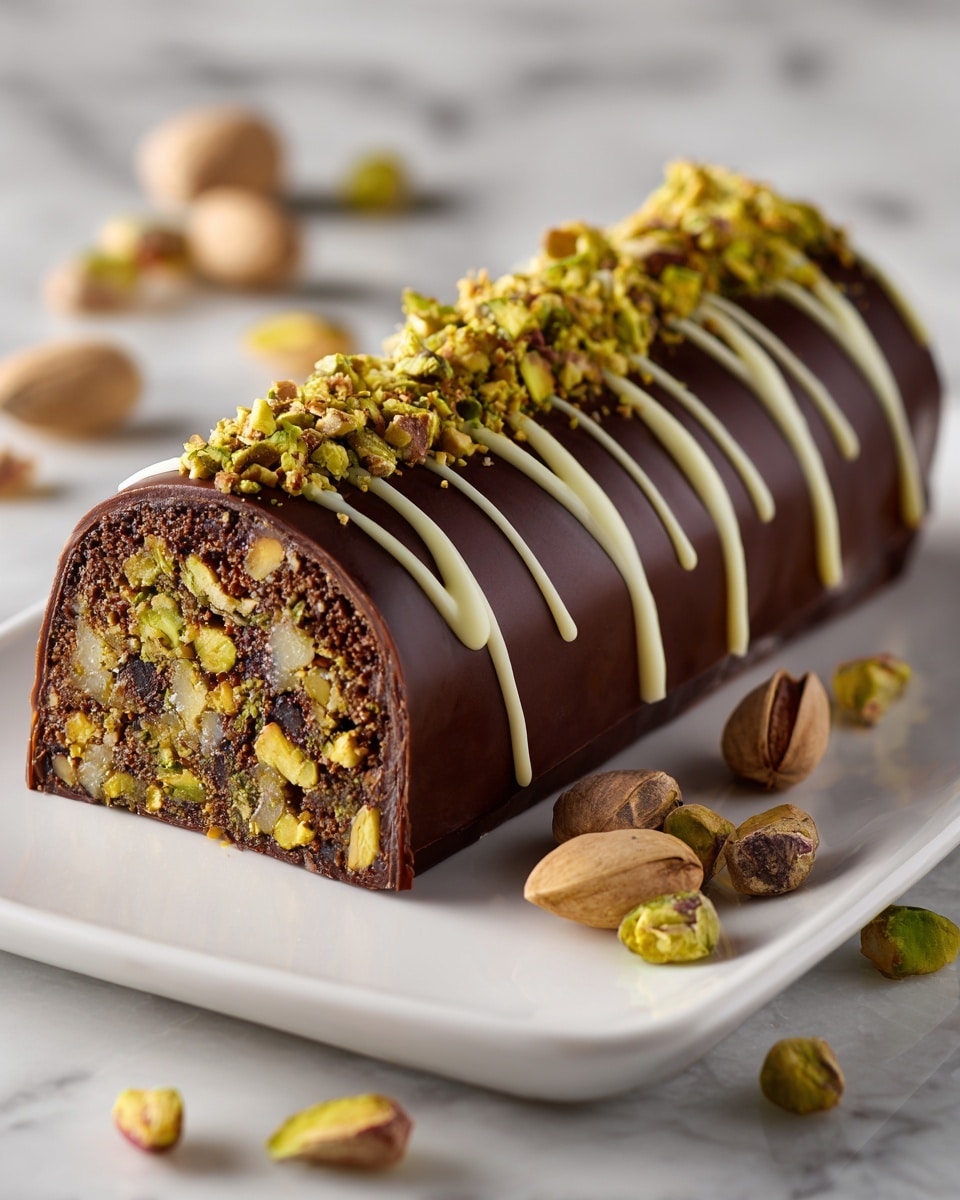 Whole rectangular chocolate-coated pistachio dessert log, fully intact and garnished on top with a row of crushed pistachios and elegant white chocolate drizzles, showcasing a dense, nut-studded interior through a cross-section view at one end, the rich dark chocolate shell glossy and smooth, presented on a pristine white plate atop a white marble countertop, illuminated by natural light in a professional 3/4 angle food magazine style photo taken with an iphone --ar 4:5 --v 7