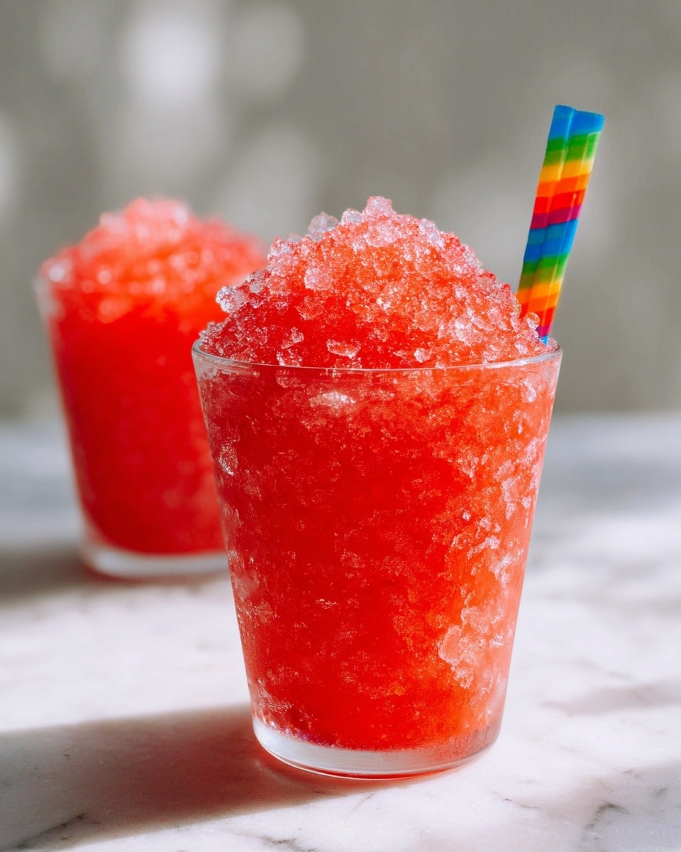 Two large white glasses filled to the brim with vibrant red crushed ice slushie, each topped with colorful striped straws, held on a pristine white marble countertop with natural light highlighting the glistening ice crystals, whole drinks perfectly showcased in professional food styling, photo taken with an iphone --ar 4:5 --v 7