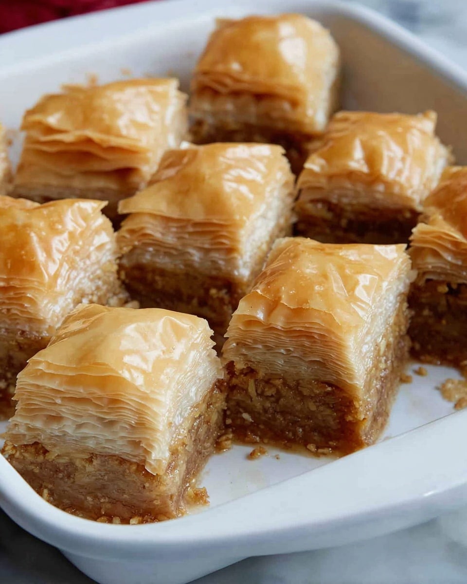 Large white rectangular baking dish filled with a whole tray of perfectly baked baklava, showcasing multiple layers of golden, flaky phyllo pastry with a rich, spiced nut filling visible through the transparent, crisp layers. The entire dessert has a glossy, crisp top crust indicating a perfectly baked finish. The whole dish is photographed from a 3/4 angle on a white marble surface with natural lighting, styled like a hero shot from a gourmet food magazine, photo taken with an iphone --ar 4:5 --v 7