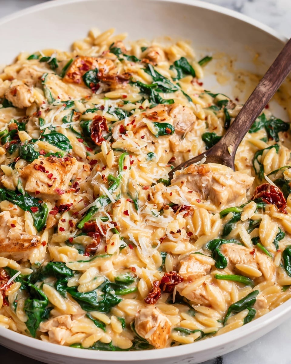 Large white shallow pan filled with creamy orzo pasta cooked with tender chunks of chicken, wilted fresh spinach, sun-dried tomatoes, and a rich Parmesan cheese sauce, all mixed thoroughly, garnished with freshly ground black pepper and scattered Parmesan shavings, presented in a professional food styling setup on a white marble countertop, natural lighting highlighting the textures, whole dish photographed from a 3/4 angle, photo taken with an iphone --ar 4:5 --v 7