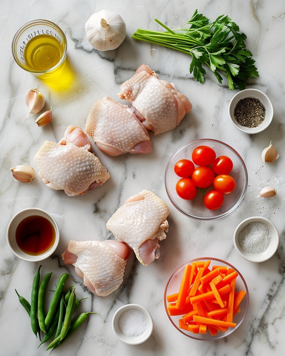 Single white plate showcasing a plated portion of golden seared chicken thigh surrounded by vibrant cooked cherry tomatoes, slender green beans, and finely shredded carrots, fresh basil leaves garnish the dish, glistening with savory herbs and spices, natural lighting highlights the juicy texture of the chicken and softened veggies, close-up angled shot revealing the crispy skin and tender interior, presented on a white marble surface, intimate styled food blog serving photo taken with an iphone --ar 4:5 --v 7