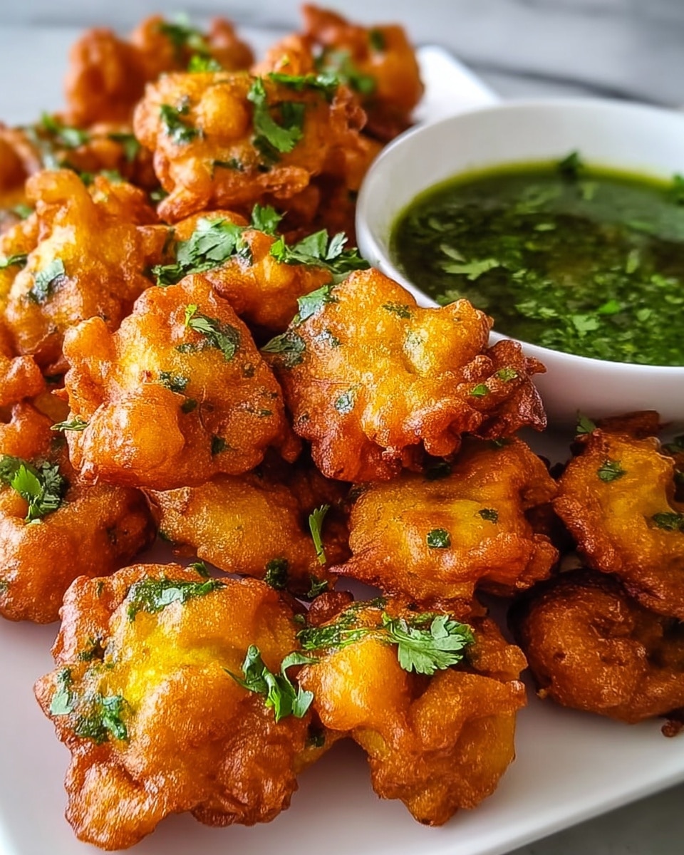 Large white serving platter heaped with golden, crispy vegetable pakoras, perfectly fried to a crunchy texture and sprinkled generously with fresh chopped cilantro, accompanied by a full white bowl of vibrant green mint chutney beside the pakoras, whole dish photographed from a 3/4 angle on a white marble countertop with natural lighting, professional food styling photo taken with an iphone --ar 4:5 --v 7