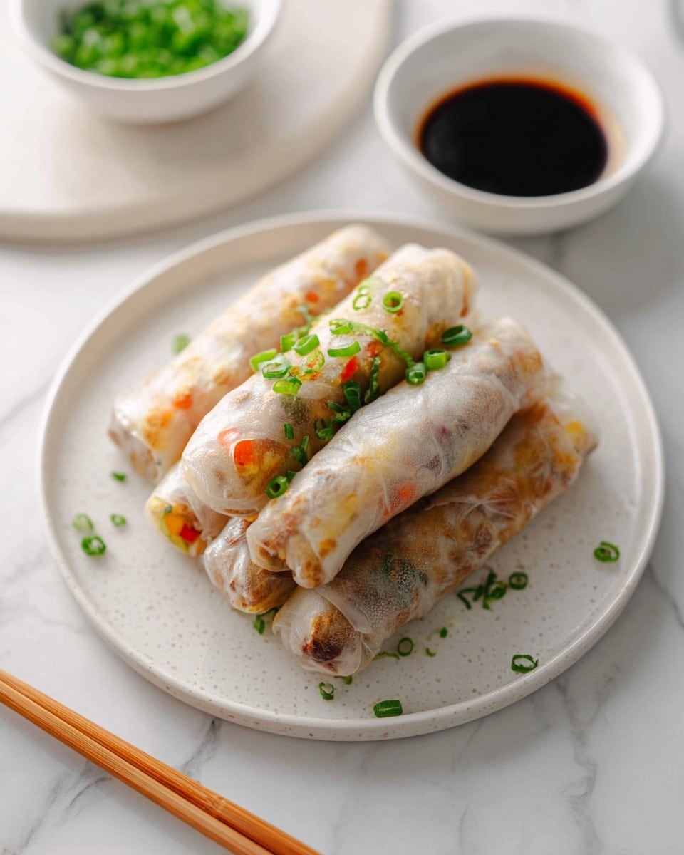 Large white plate artfully arranged with a full serving of six translucent spring rolls filled with vibrant vegetables and savory ingredients, garnished with fresh chopped green onions, accompanied by two small white dipping bowls of soy and chili sauce in the background, shot from a 3/4 angle on a clean white marble surface with natural lighting, styled as a professional food magazine hero shot, photo taken with an iphone --ar 4:5 --v 7