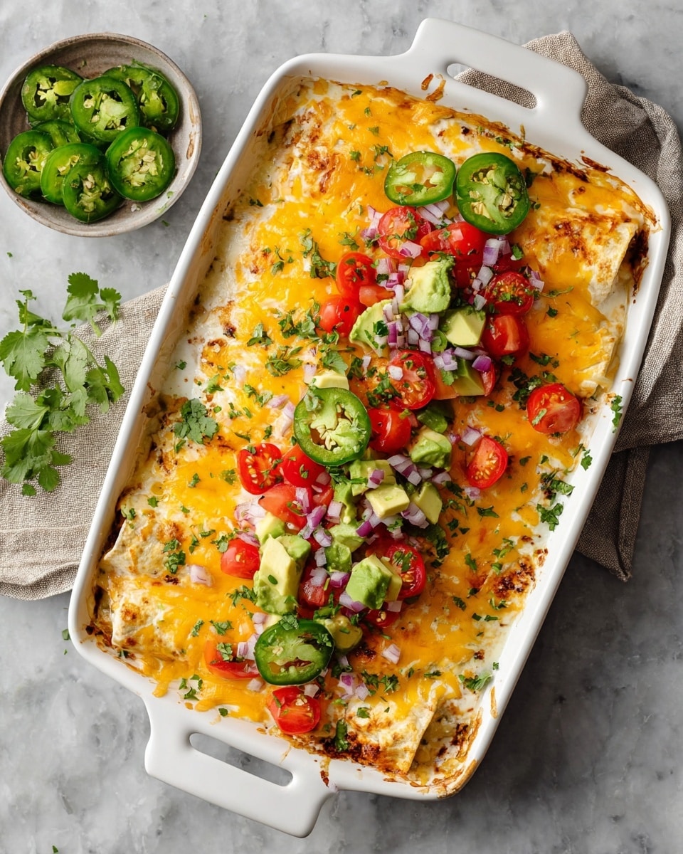 White rectangular baking dish filled with a hearty serving of cheese-topped enchiladas smothered in a creamy sauce, garnished with slices of fresh jalapeños, diced tomatoes, avocado chunks, and finely chopped red onions, all sprinkled with fresh cilantro. The melted cheddar and Monterey Jack cheese layer looks warm and inviting, perfectly covering the entire dish. Shot at a 3/4 angle with a white marble background and natural lighting, styled as a professional hero food shot, showcasing the full, uncut enchilada casserole ready to serve, photo taken with an iphone --ar 4:5 --v 7