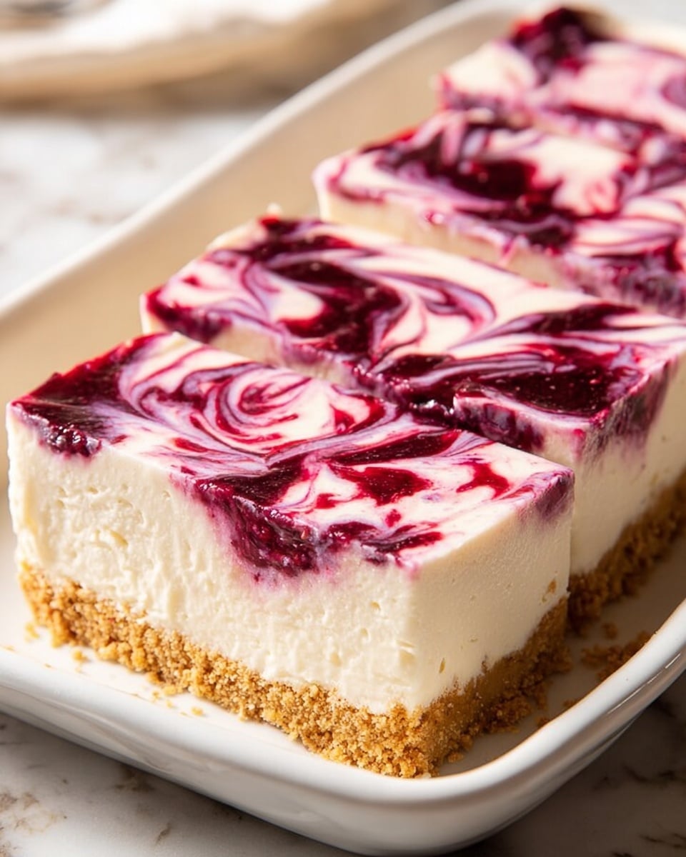 A whole rectangular white serving dish filled with a smooth, creamy cheesecake topped with vibrant swirls of rich purple berry sauce evenly spread across the entire surface, resting on a thick, crumbly golden graham cracker crust, presented on a white marble countertop with natural lighting, professional food styling, photo taken with an iphone --ar 4:5 --v 7