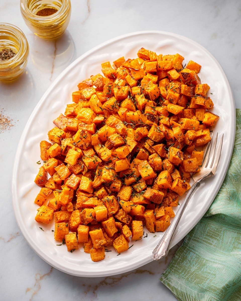Large white oval serving platter heaped with perfectly roasted diced sweet potatoes, showcasing a golden caramelized exterior and tender interior, arranged evenly and garnished with a slight sprinkle of herbs and seasoning, all captured in a professional 3/4 angle shot on a white marble countertop under natural lighting, styled like a hero food magazine photo taken with an iphone --ar 4:5 --v 7