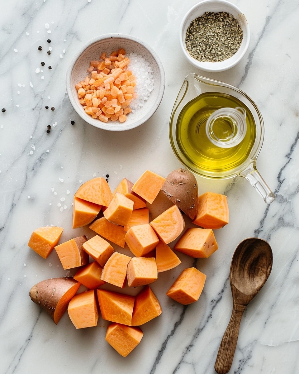 Single white plate displaying a neatly arranged portion of golden-brown roasted sweet potato cubes, close-up angle capturing the slightly caramelized edges and tender interior textures, garnished with a light sprinkle of herbs for added color contrast, set on a white marble background with natural lighting highlighting the warm hues, styled as an inviting individual serving from a food blog, photo taken with an iphone --ar 4:5 --v 7