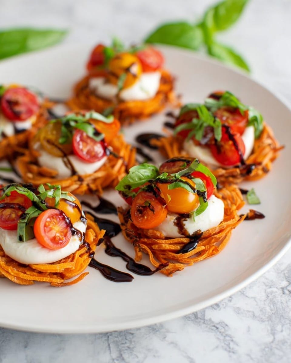 Large white serving platter showcasing a full batch of sweet potato nests, each topped with a thick round of creamy fresh mozzarella, sliced cherry tomatoes, and a drizzle of rich balsamic glaze, garnished with bright green fresh basil leaves, all arranged neatly to display the vibrant colors and textures, photographed from a 3/4 angle on a white marble countertop with natural lighting, professional food styling photo taken with an iphone --ar 4:5 --v 7
