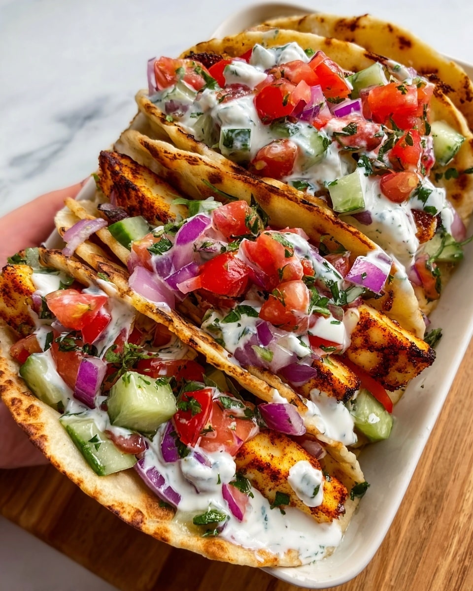 A white rectangular ceramic serving dish filled with multiple stacked grilled halloumi cheese tacos, each taco generously stuffed with diced fresh tomatoes, chopped red onions, cucumber pieces, and sprinkled with chopped herbs, drizzled with creamy tzatziki sauce, the tacos arranged neatly side by side to showcase their vibrant colors and textures, photographed from a 3/4 angle on a white marble background with natural lighting, styled as a professional food magazine hero shot, photo taken with an iphone --ar 4:5 --v 7