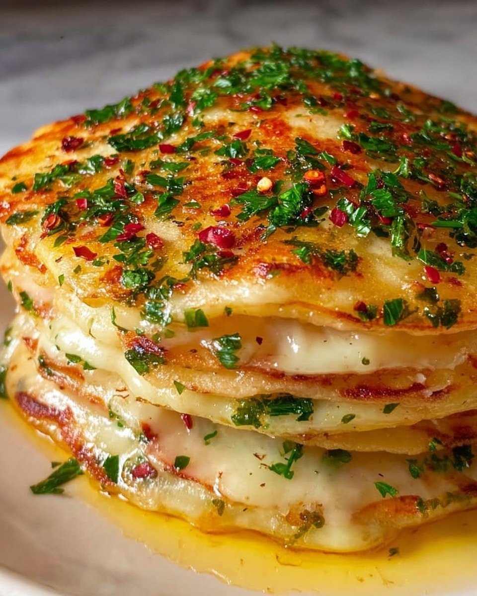 A white porcelain plate featuring a whole, stacked potato pancake tower, generously topped with melted golden cheese, sprinkled with finely chopped fresh parsley and red chili flakes, with a glossy sheen from a warm butter drizzle, photographed from a close-up 3/4 angle on a white marble background, natural lighting highlighting the textures and colors, professional food styling photo taken with an iphone --ar 4:5 --v 7