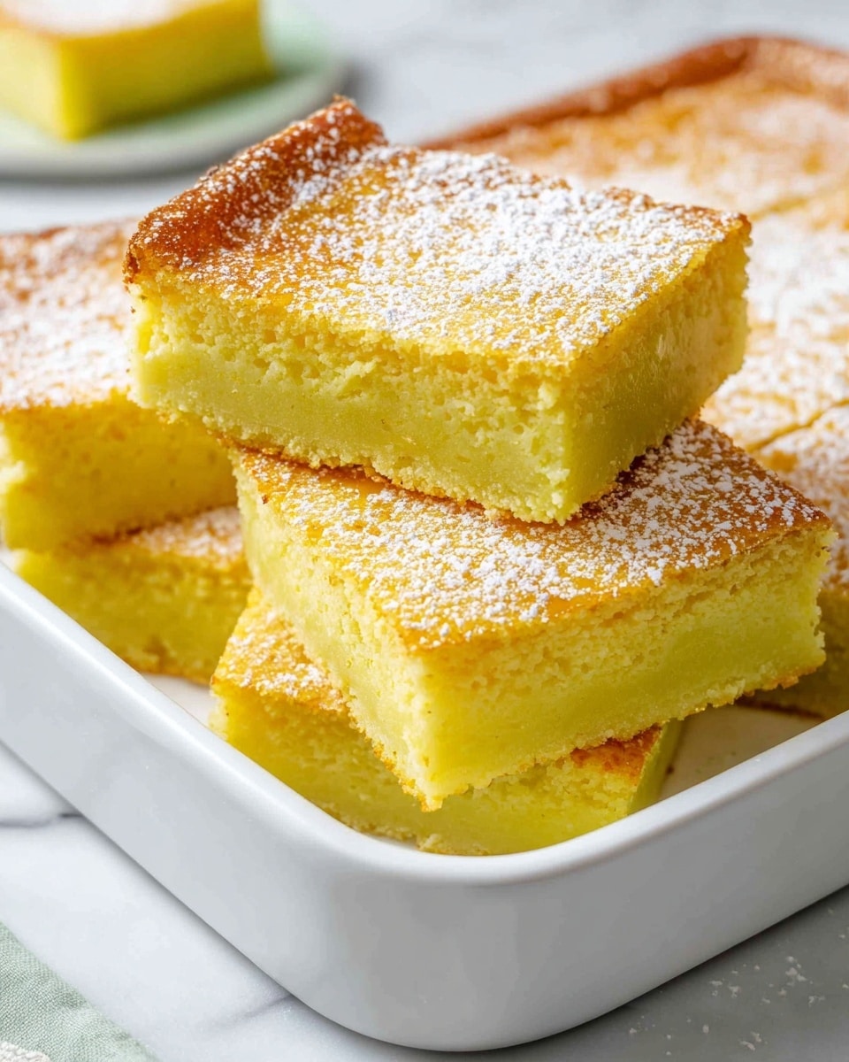 Large white rectangular baking dish filled with a whole batch of freshly baked lemon bars, featuring a golden, slightly crisped top dusted lightly with powdered sugar, with a creamy, dense, and moist lemon filling visible beneath the smooth crust, displayed with a professional 3/4 angle shot on a white marble countertop under natural lighting, capturing the entire uncut dessert in a hero food magazine style photo taken with an iphone --ar 4:5 --v 7