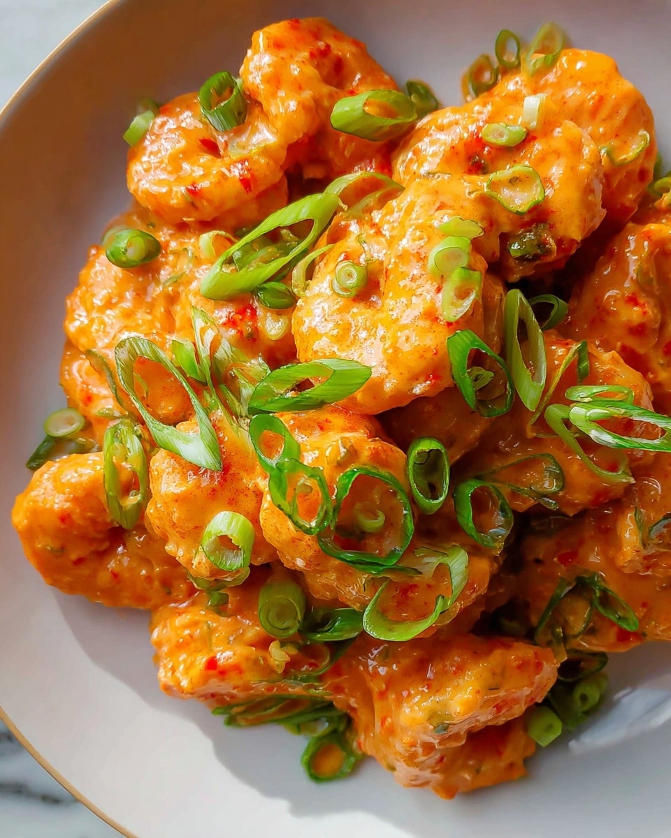 Large white serving bowl filled with a generous portion of creamy, spicy orange shrimp coated in a thick, luscious sauce, topped with vibrant green sliced scallions, the full dish presented from a professional 3/4 angle shot on a white marble background with natural lighting, styled like a hero shot from a food magazine, photo taken with an iphone --ar 4:5 --v 7