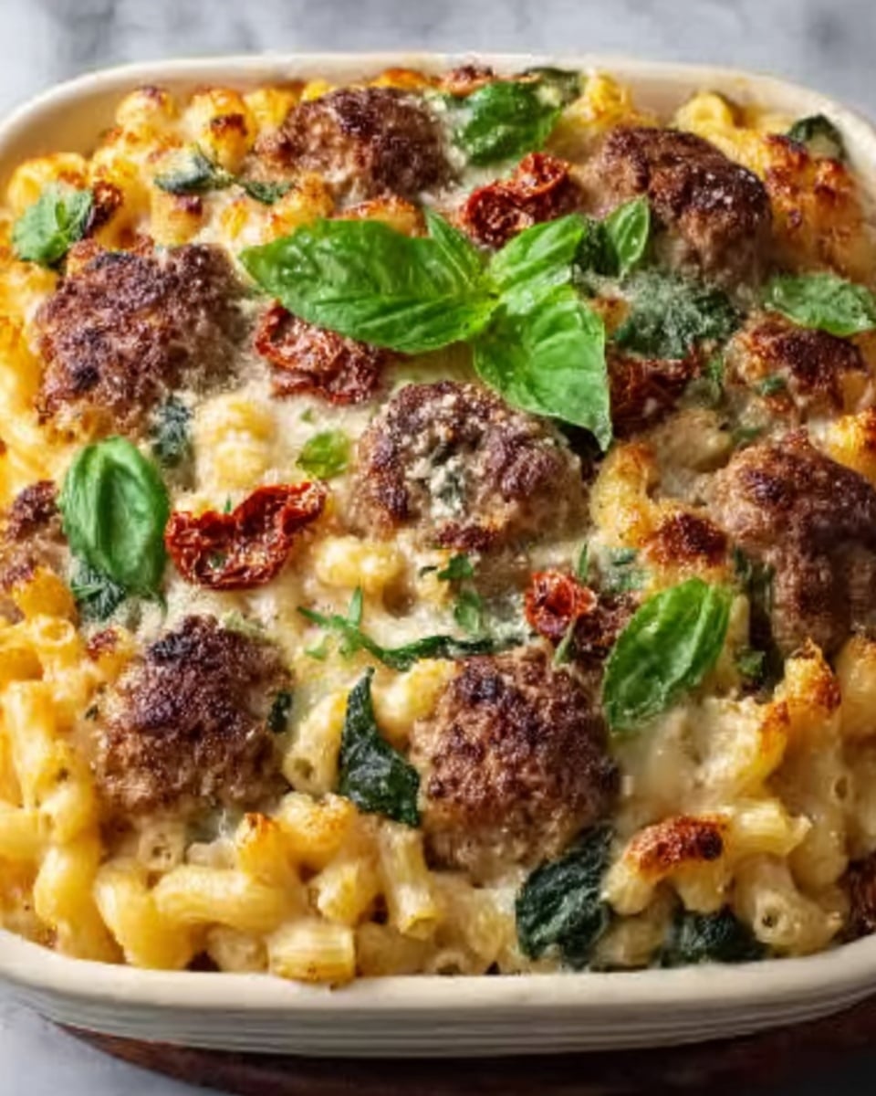 Large white ceramic baking dish filled with whole baked macaroni and cheese, richly layered with creamy cheese sauce, perfectly melted golden-brown top crust, whole juicy meatballs nestled throughout, fresh spinach leaves and sun-dried tomatoes scattered on top, garnished with grated Parmesan and fresh basil sprigs, shot from a 3/4 angle showing the entire uncut dish on a white marble countertop with natural lighting, professional food magazine hero shot photo taken with an iphone --ar 4:5 --v 7