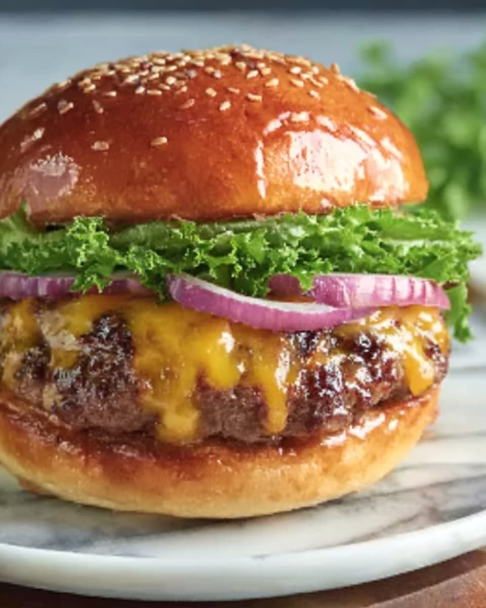 A large white plate holding a complete cheeseburger with a golden sesame seed bun, fresh green lettuce, red onion slices, melted cheddar cheese dripping over a juicy, thick beef patty, and a glossy top bun, presented whole without any slices or portions removed, styled on a white marble surface with natural lighting from a professional food magazine shoot, photo taken with an iphone --ar 4:5 --v 7