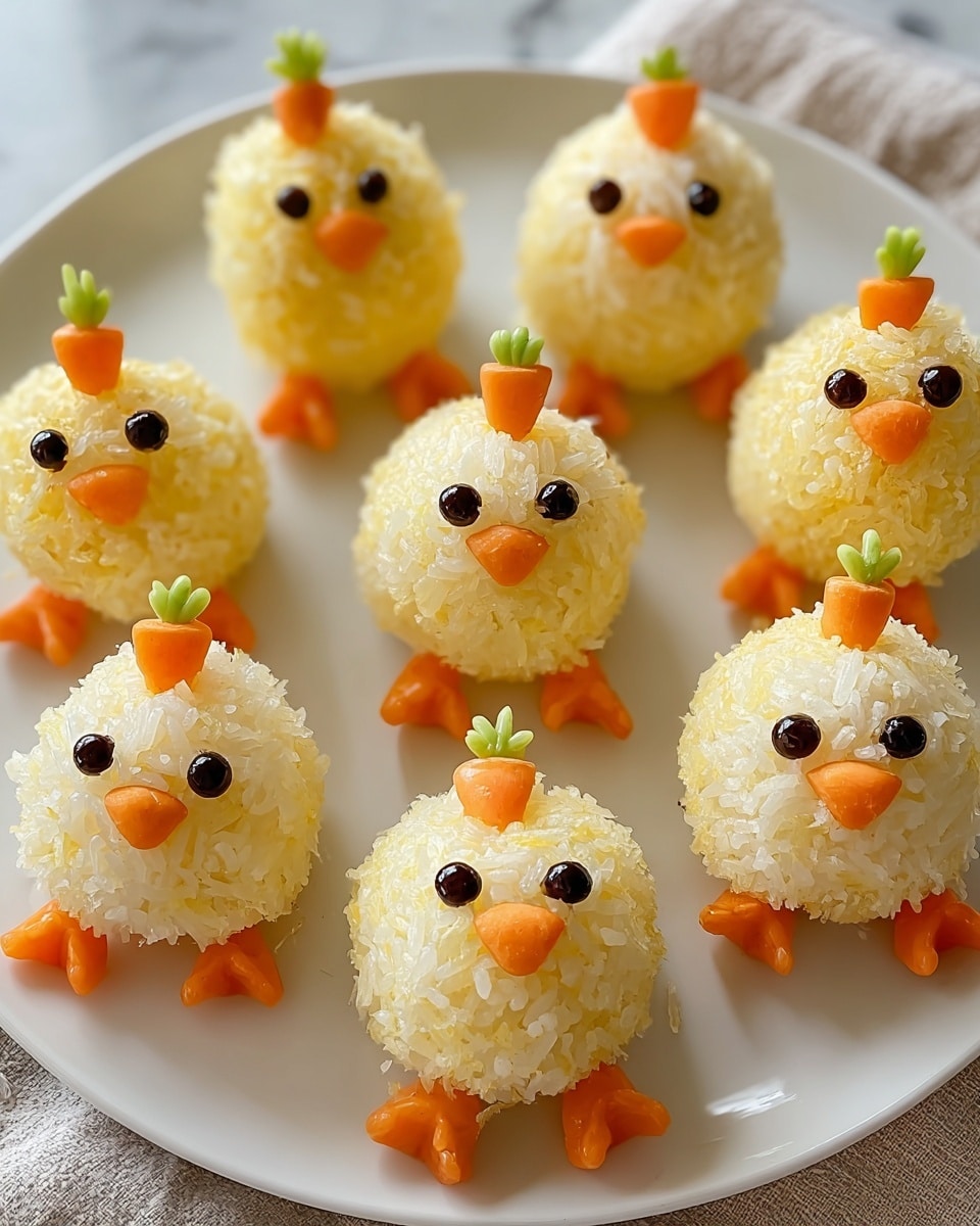 White plate filled with seven adorable chick-shaped rice balls, each coated with a light, crispy yellow crust, decorated with black olive eyes, small orange carrot beaks, and tiny carrot feet, complete with bright orange carrot tops, arranged neatly as a whole group, shot from a 3/4 angle against a white marble surface with natural lighting, styled as a charming and playful food magazine hero image, photo taken with an iphone --ar 4:5 --v 7
