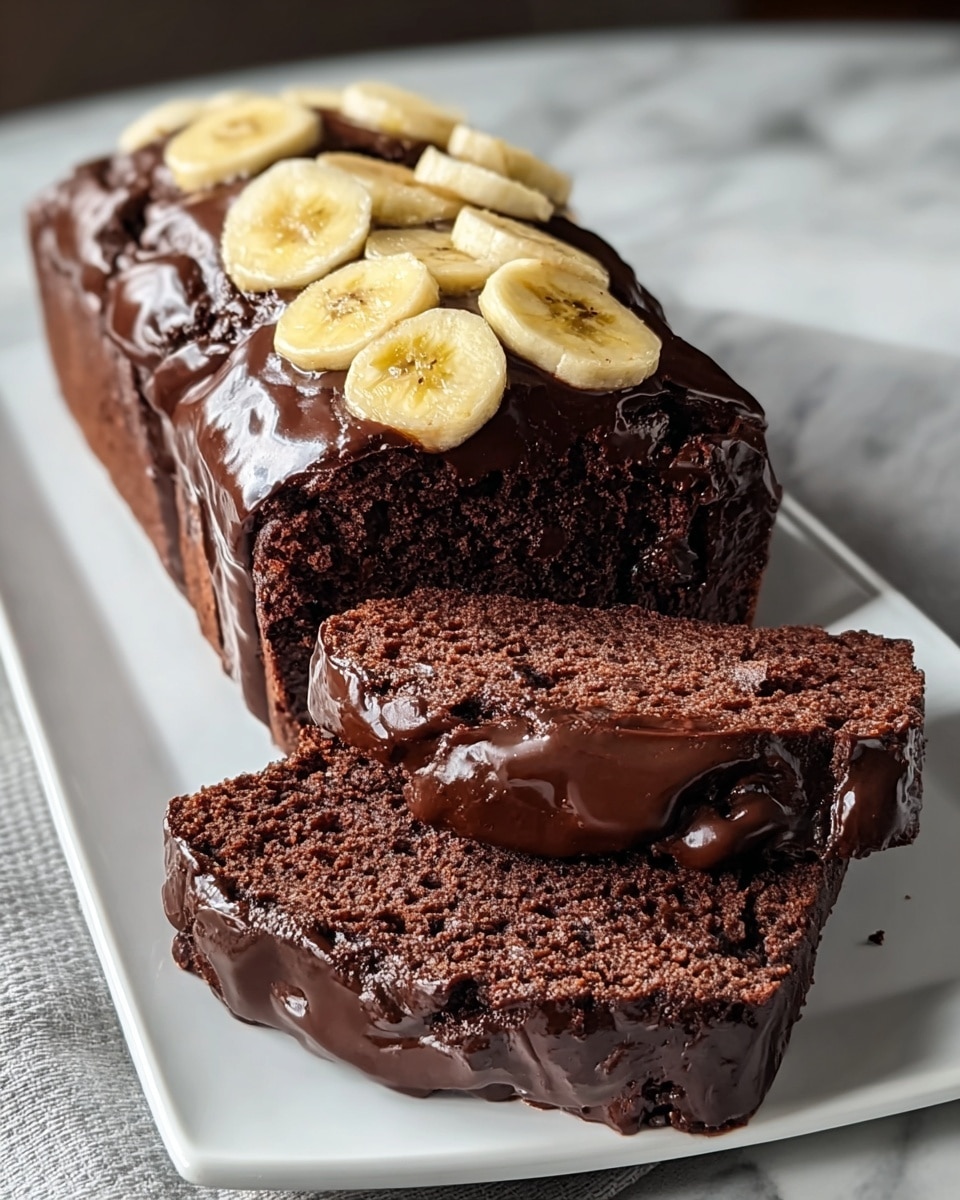 Whole chocolate banana loaf cake presented on a large white serving platter, moist and rich chocolate cake with a glossy chocolate glaze spread thickly over the top, garnished with whole banana slices embedded on the surface, the loaf uncut showcasing its full length and texture, photographed from a 3/4 angle with natural lighting on a white marble background, professional food styling photo taken with an iphone --ar 4:5 --v 7