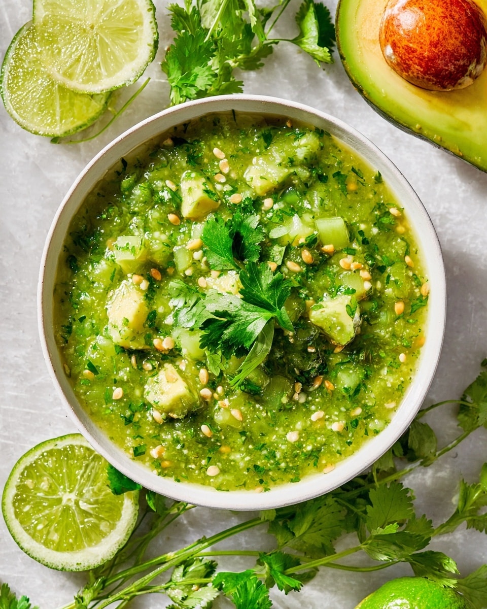 Large white bowl filled with freshly made green salsa verde, showcasing vibrant pieces of tomatillo, avocado chunks, finely chopped cilantro, and seeds, garnished with whole fresh cilantro leaves, surrounded by lime wedges and a halved avocado on a white marble countertop, natural lighting emphasizing the rich textures and colors, professional food magazine hero shot photo taken with an iphone --ar 4:5 --v 7