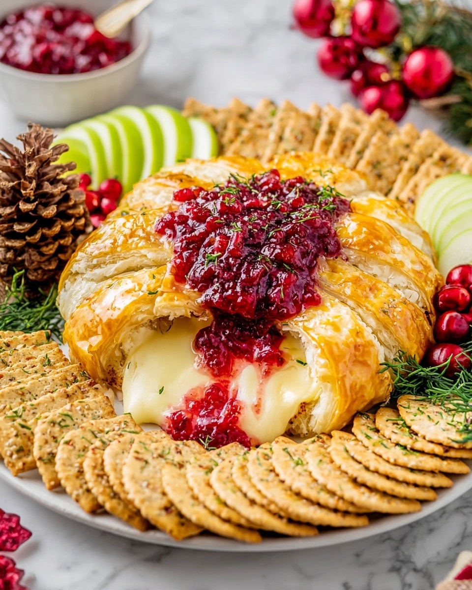 Large white platter featuring a whole golden puff pastry wheel filled with melted creamy cheese and topped with vibrant fresh cranberry sauce, surrounded by neatly arranged stacks of herb-cracked wheat crackers and fresh green apple slices, garnished with festive pine cones, red berries, and greenery, photographed from a 3/4 angle on a white marble countertop with natural lighting, styled as a holiday appetizer hero shot, photo taken with an iphone --ar 4:5 --v 7