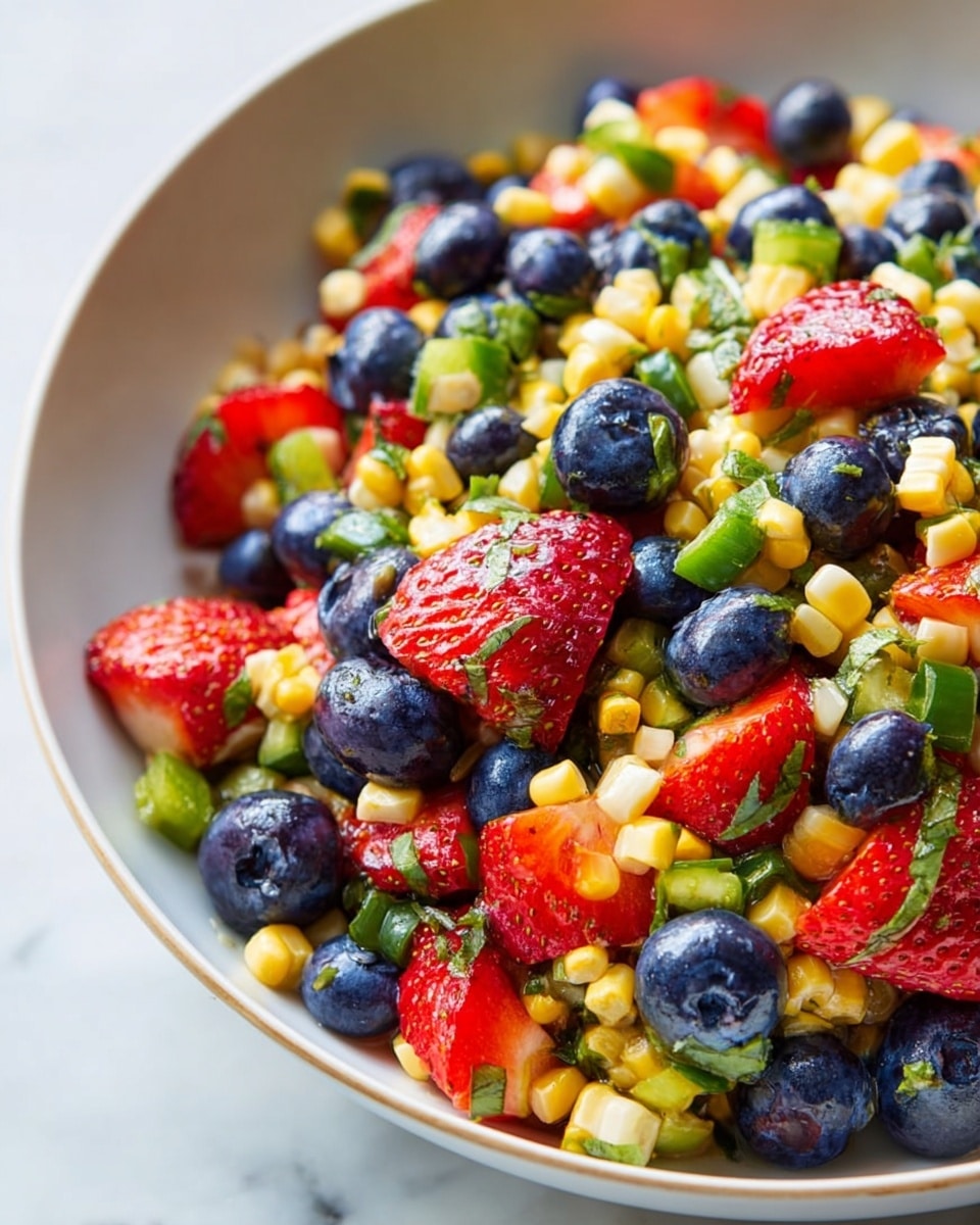 Large white bowl filled with a vibrant fruit and vegetable salad featuring whole blueberries, ripe sliced strawberries, sweet yellow corn kernels, and finely chopped green bell peppers, all tossed with fresh green herbs, glistening with a light dressing, presented as a full serving, photographed from a 3/4 angle on a white marble countertop, natural lighting, professional food magazine style photo taken with an iphone --ar 4:5 --v 7