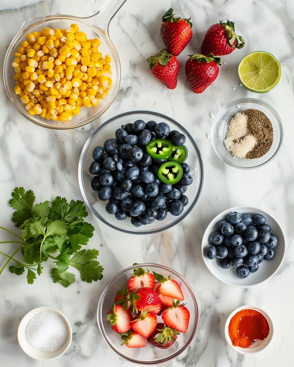 Single white bowl containing a vibrant portion of fresh fruit salsa featuring plump blueberries, diced strawberries, bright yellow corn kernels, and finely chopped green bell peppers mixed with fresh herbs, close-up view highlighting the glistening juice and vivid colors, placed on a white marble surface, natural lighting emphasizing the freshness and texture, intimate plated serving photo taken with an iphone --ar 4:5 --v 7