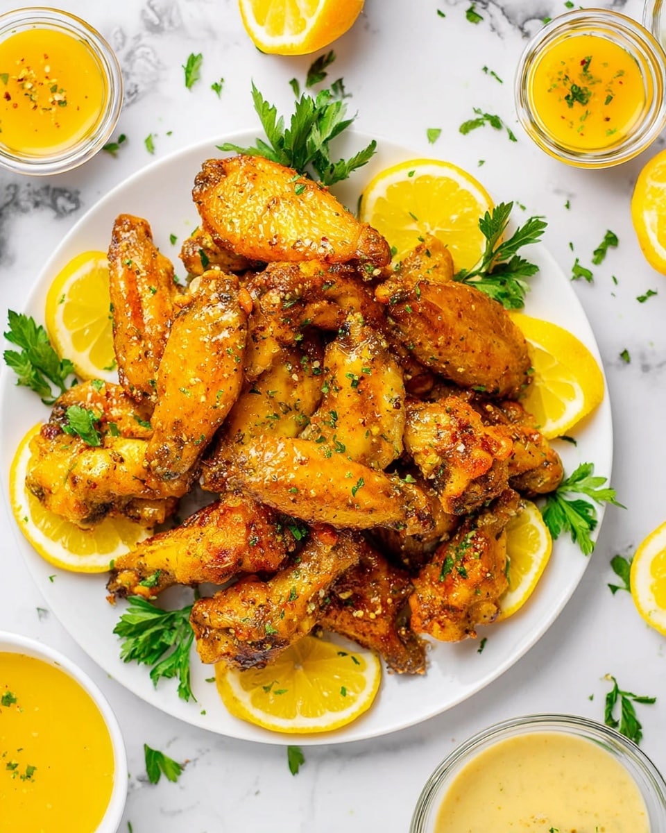 Large white round platter filled with a generous pile of perfectly cooked golden lemon pepper chicken wings, glistening with a light citrus glaze, accompanied by numerous bright yellow lemon wedges around the edges for garnish, fresh parsley sprigs adding a pop of green, accompanied by small glass bowls of zesty dipping sauce and extra lemon slices, all presented on a white marble surface under natural light for a crisp, professional food magazine hero shot, photo taken with an iphone --ar 4:5 --v 7
