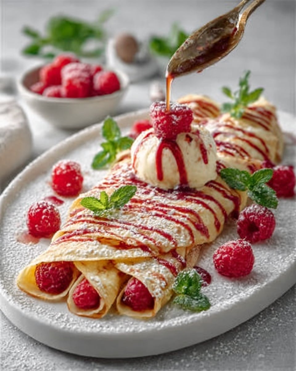 A large white oval serving platter featuring a whole arrangement of delicate crepes generously filled with fresh raspberries and drizzled evenly with rich red berry sauce, decorated with scattered fresh raspberries and vibrant mint leaves, presented in an elegant, complete display set on a white marble background with natural lighting, professional 3/4 angle food magazine style photo taken with an iphone --ar 4:5 --v 7