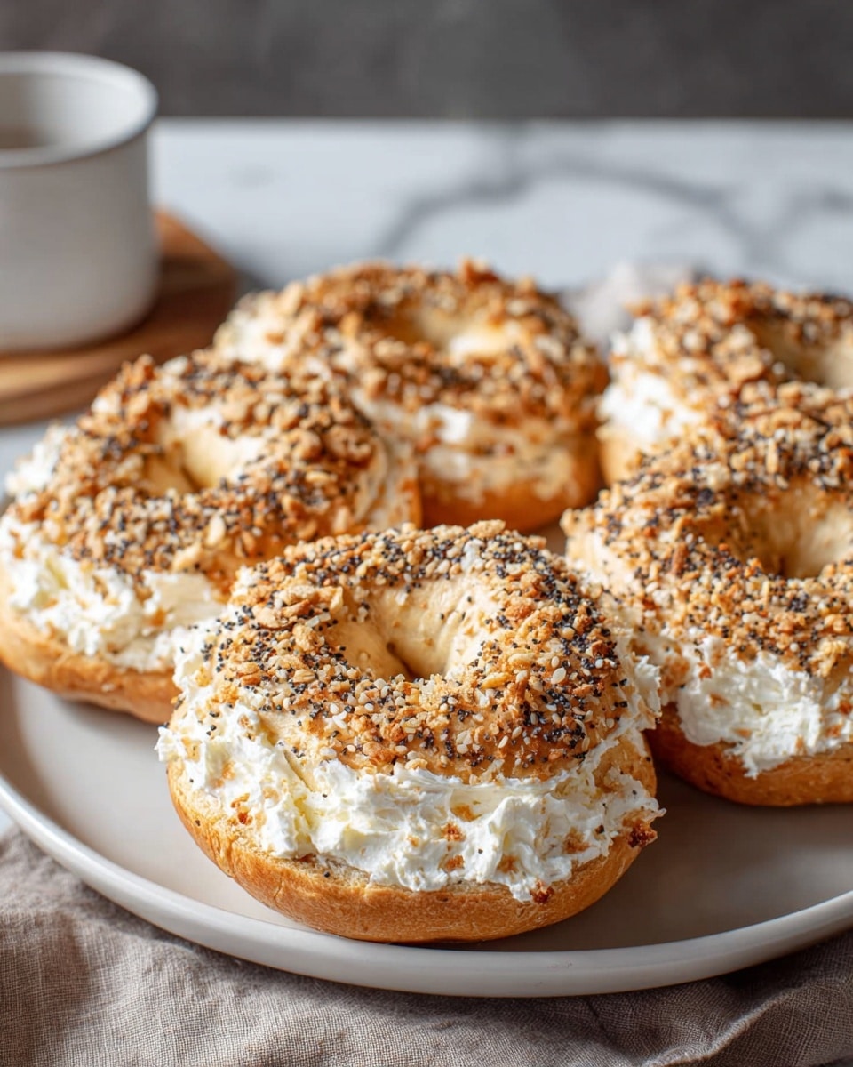 Large white plate filled with freshly baked everything bagels generously spread with creamy whipped cream cheese, each bagel topped with a golden crust of toasted sesame seeds, poppy seeds, garlic flakes, and onion bits, perfectly arranged in a neat cluster, shot from a natural 3/4 angle on white marble countertop with soft natural lighting, professional food magazine hero style photo taken with an iphone --ar 4:5 --v 7