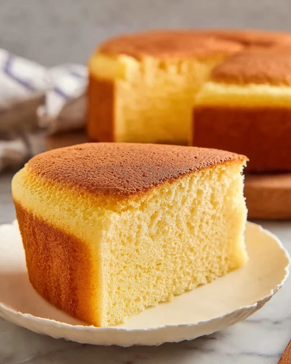 Whole fluffy Japanese sponge cake, perfectly risen with a light golden brown top crust and soft, airy yellow interior, presented on a clean white plate, viewed from a 3/4 angle against a white marble background with natural lighting, styled like a hero shot for a food magazine, photo taken with an iphone --ar 4:5 --v 7