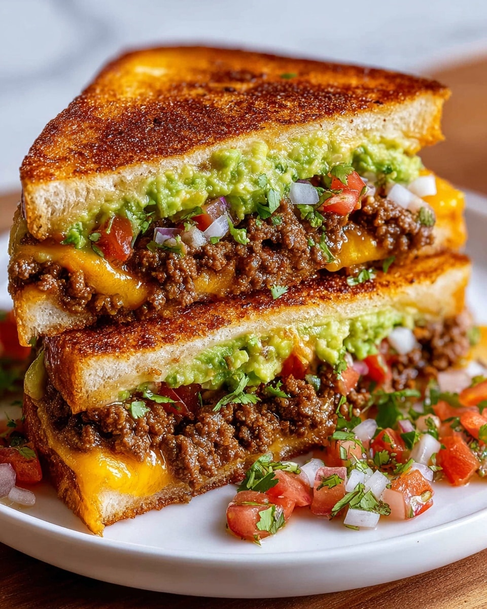 Whole grilled cheese sandwich stuffed generously with seasoned ground beef, fresh guacamole, diced tomatoes, onions, and cilantro, perfectly toasted to a golden crisp on soft white bread, served on a large white plate, photographed at a 3/4 angle with natural lighting on a white marble background, professional food magazine hero shot photo taken with an iphone --ar 4:5 --v 7