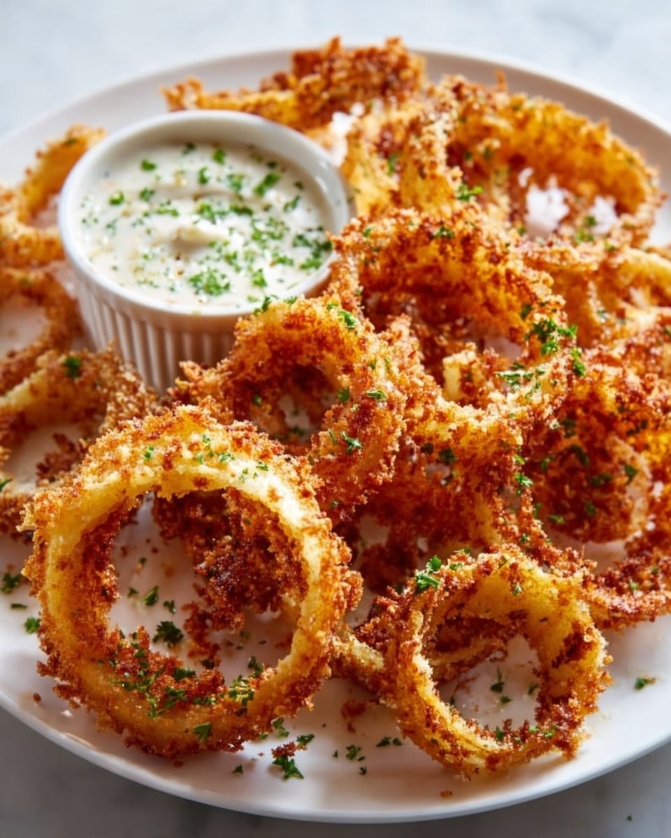 Large white serving plate heaped with a complete batch of golden, crispy onion rings coated in a textured, crunchy batter, sprinkled generously with finely chopped fresh parsley, accompanied by a small white ramekin filled with creamy dipping sauce topped with herbs, presented on a white marble countertop with natural lighting, photographed from a 3/4 angle in a professional food magazine style, photo taken with an iphone --ar 4:5 --v 7