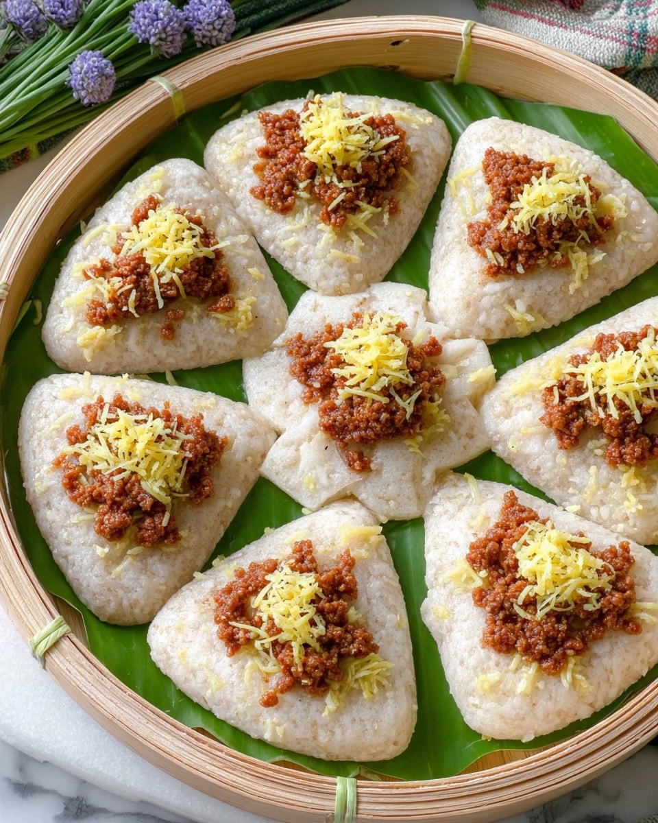 Large round bamboo tray lined with a green banana leaf, holding a full circle of eight whole steamed rice cakes arranged in a flower pattern, each topped alternately with finely crumbled savory minced meat and shredded yellow cheese, showcasing the soft, slightly translucent texture of the rice cakes, photographed from a 3/4 angle on a clean white marble surface with natural lighting, styled as a professional hero food shot, photo taken with an iphone --ar 4:5 --v 7