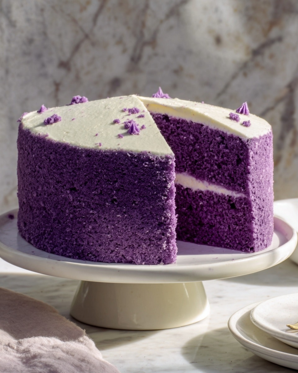 Whole, tall, round purple ube chiffon cake displayed on a white cake stand, beautifully frosted with a smooth layer of white cream filling visible through subtle decorative accents, the cake’s vibrant purple color richly contrasting the pristine white frosting, set on a white marble surface with natural lighting highlighting its airy texture and moist crumb, styled as a striking hero shot from a food magazine, photo taken with an iphone --ar 4:5 --v 7