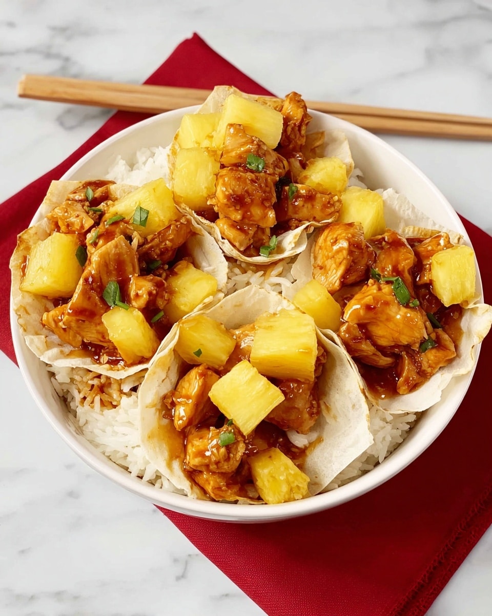 Large white serving bowl brimming with an abundant serving of Hawaiian chicken rice bowls, filled with tender, glazed chicken pieces tossed in a savory teriyaki sauce, fluffy white rice, and topped generously with fresh, bright yellow pineapple chunks, whole dish styled beautifully on a white marble countertop, natural lighting capturing the glossy sheen of the sauce and the vibrant colors, photographed from a 3/4 angle as a hero shot from a food magazine, photo taken with an iphone --ar 4:5 --v 7