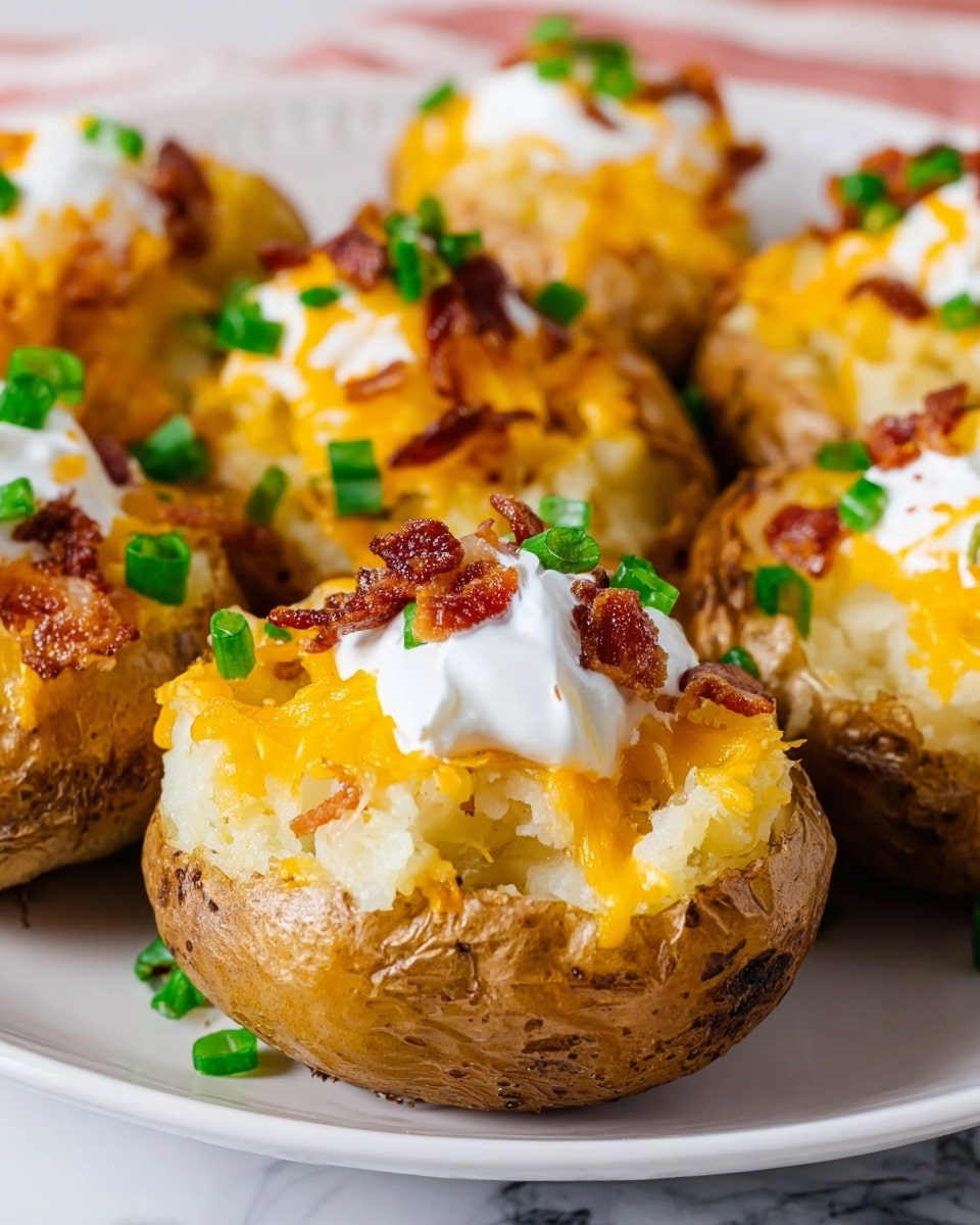 Large white platter arranged with a full batch of baked stuffed potatoes, each potato hollowed and filled with fluffy mashed potato mixed with melted cheddar cheese, crispy bacon bits, and dollops of sour cream, all topped with freshly chopped green onions, showcasing the complete dish in a professional 3/4 angle shot on a white marble countertop, natural lighting emphasizing the warm golden tones of the potatoes and vibrant green garnish, food magazine hero style photo taken with an iphone --ar 4:5 --v 7