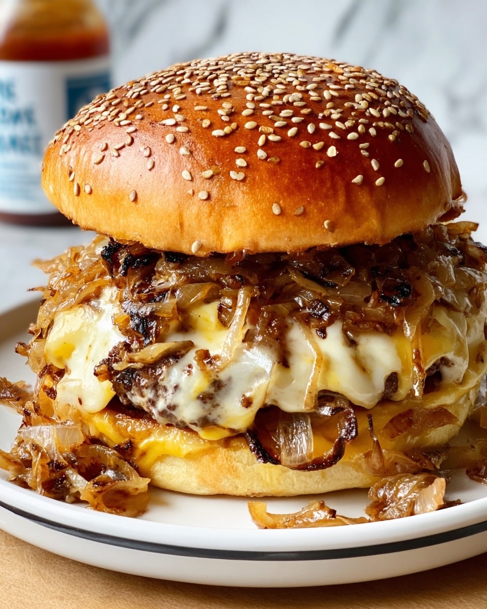 A large white plate piled high with a full classic cheeseburger featuring a golden sesame seed bun, melted cheese draping over a juicy beef patty, and a generous heap of caramelized onions spilling abundantly over the sides, showcasing the entire uncut burger as a whole, captured from a slightly angled perspective on a white marble countertop under natural lighting, styled for a professional food magazine hero shot, photo taken with an iphone --ar 4:5 --v 7