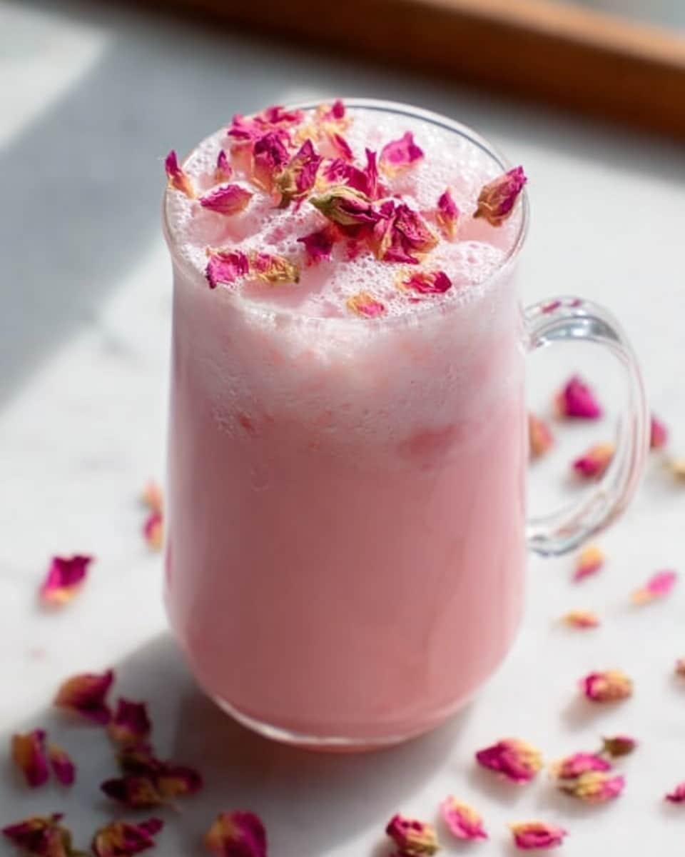 Tall transparent glass filled with a whole serving of rose petal pink milk drink, topped generously with floating rose petals and frothy foam on the surface, placed on a white marble countertop with natural light emphasizing the pastel tones, styled as a hero shot from a food magazine, photo taken with an iphone --ar 4:5 --v 7