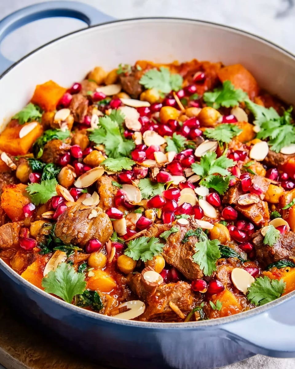 Large round white ceramic baking dish filled with vibrant Moroccan lamb tagine featuring tender chunks of lamb simmered with golden butternut squash, chickpeas, wilted greens, and a rich spiced tomato sauce, garnished generously with bright red pomegranate seeds, toasted almond slices, and fresh cilantro leaves, entire dish shown from a slight 3/4 angle on a white marble countertop under natural lighting, styled as an appetizing hero food magazine shot photo taken with an iphone --ar 4:5 --v 7