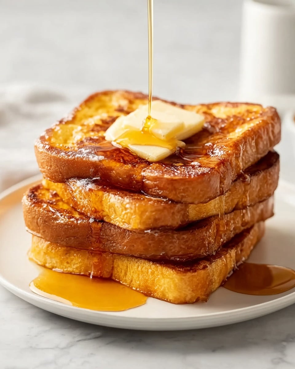 Large white ceramic plate stacked with a full serving of thick, golden-brown slices of French toast, each slice crispy on the outside and fluffy inside, topped with a melting pat of butter and a generous drizzle of maple syrup cascading down the sides, arranged in a neat stack showcasing the entirety of the dish, photographed at a 3/4 angle on a white marble surface with soft natural lighting accentuating the warm tones, professional food styling photo taken with an iphone --ar 4:5 --v 7