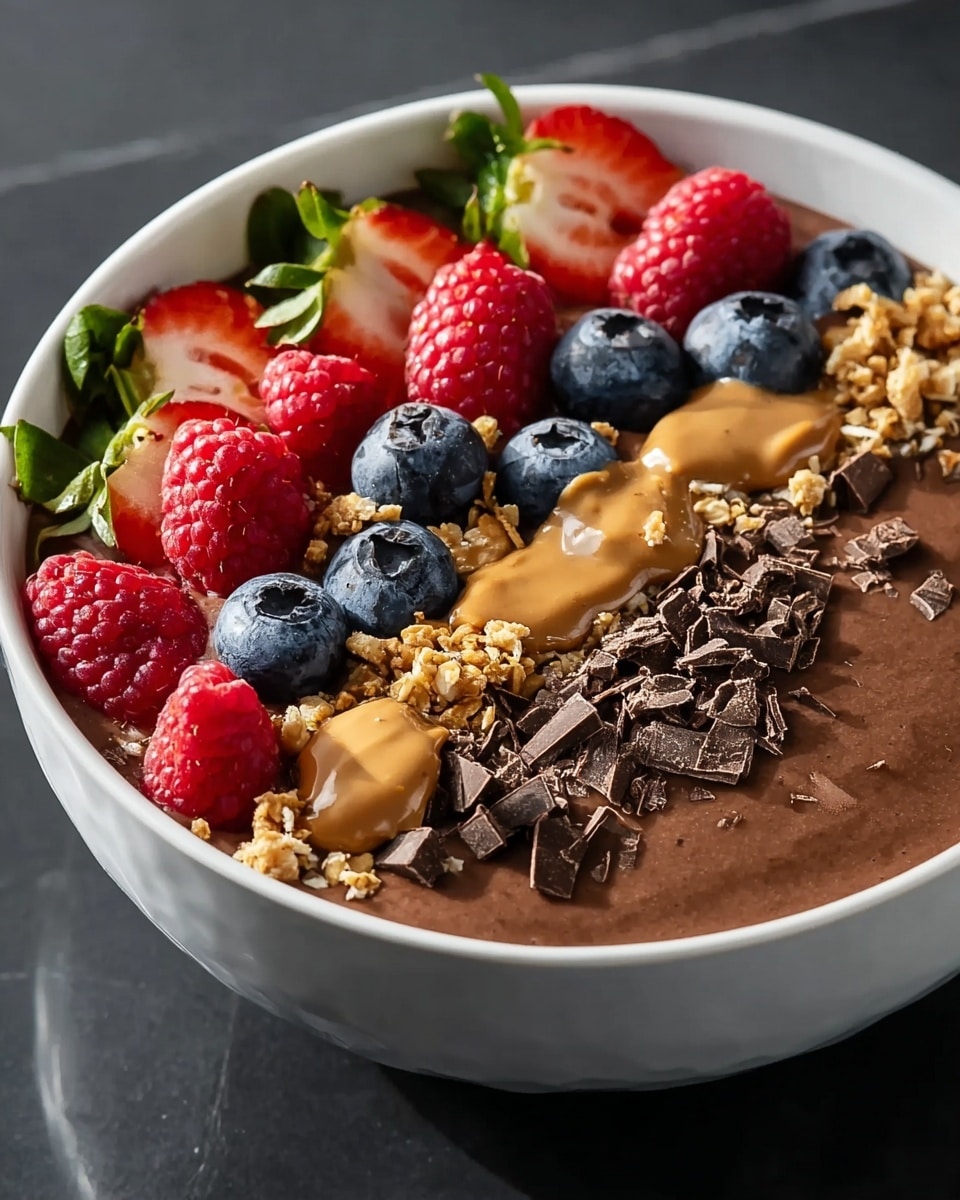 Large white bowl filled with a rich and creamy chocolate smoothie bowl, topped with a full decorative arrangement of fresh whole raspberries, blueberries, sliced strawberries with green leaves, crunchy granola clusters, smooth dollops of peanut butter, and finely chopped dark chocolate shavings, the entire dish photographed from a 3/4 angle on a white marble countertop with natural lighting, styled as a vibrant hero shot from a food magazine, photo taken with an iphone --ar 4:5 --v 7