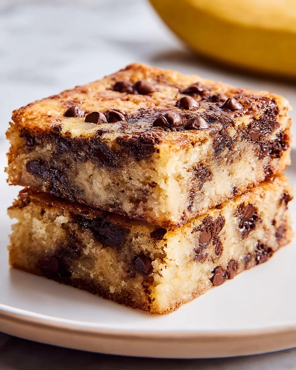 Large white rectangular baking dish filled with a whole batch of fluffy banana chocolate chip blondies, perfectly baked with a golden top showcasing swirls of melted chocolate chips throughout, edges slightly crisp and center soft and moist, photographed from a professional 3/4 angle on a white marble countertop with natural lighting, styled like a hero shot from a food magazine, whole dish in frame photo taken with an iphone --ar 4:5 --v 7