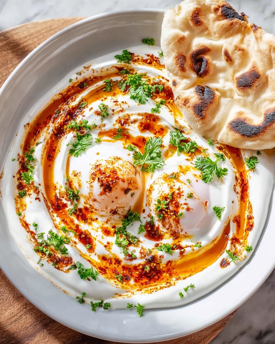Large white serving plate featuring the complete traditional Turkish dish Çılbır, showcasing perfectly poached eggs nestled on a bed of creamy garlicky yogurt, generously drizzled with vibrant paprika-infused melted butter and sprinkled with fresh chopped parsley, accompanied by soft white flatbreads arranged alongside, all presented on a white marble countertop with natural lighting, styled as a professional food magazine hero shot, photo taken with an iphone --ar 4:5 --v 7