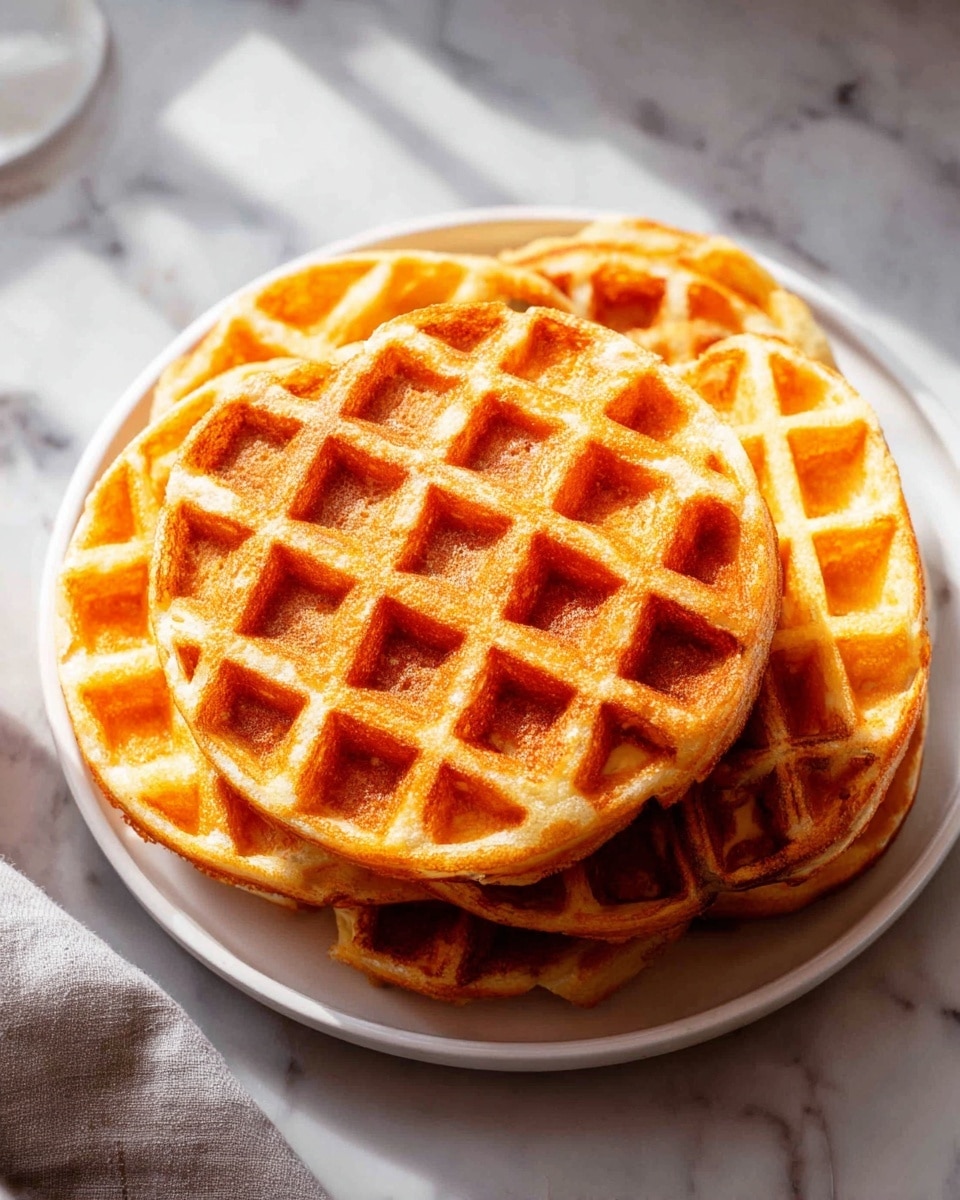 A large white round plate heaped with multiple golden-brown waffles, each waffle perfectly cooked with a crisp grid pattern and fluffy center, stacked to showcase their fluffy texture and warm, inviting color, arranged in an abundant presentation, photographed from a 3/4 angle on a white marble countertop with natural lighting, styled like a hero shot from a food magazine, photo taken with an iphone --ar 4:5 --v 7