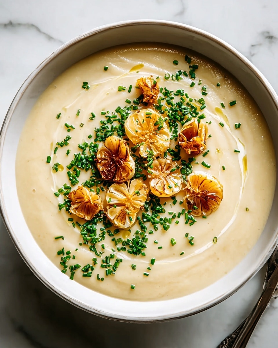 Large white bowl filled with creamy roasted garlic soup, topped with whole golden roasted garlic cloves and sprinkled generously with fresh chopped chives, the smooth texture of the soup visible, whole dish captured from a professional 3/4 angle on a white marble countertop under natural lighting, styled like a hero shot from a food magazine, photo taken with an iphone --ar 4:5 --v 7