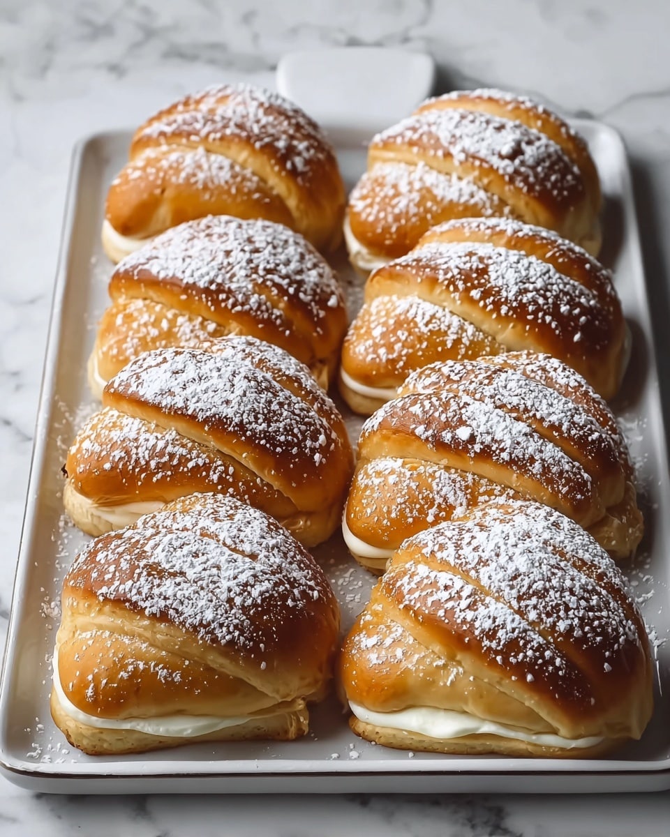 A white rectangular platter filled with multiple freshly baked cream-filled sweet buns, each perfectly golden brown with soft layers and generously dusted with powdered sugar, arranged neatly and invitingly, photographed from a 3/4 angle on a white marble countertop under natural light, styled like a hero shot for a food magazine, whole dish in frame, photo taken with an iphone --ar 4:5 --v 7